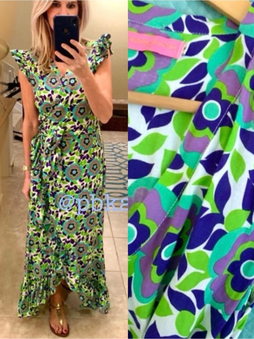 Feather & Find Green Purple Sunset Nouveau Ruffle Sleeve Wrap Maxi Dress